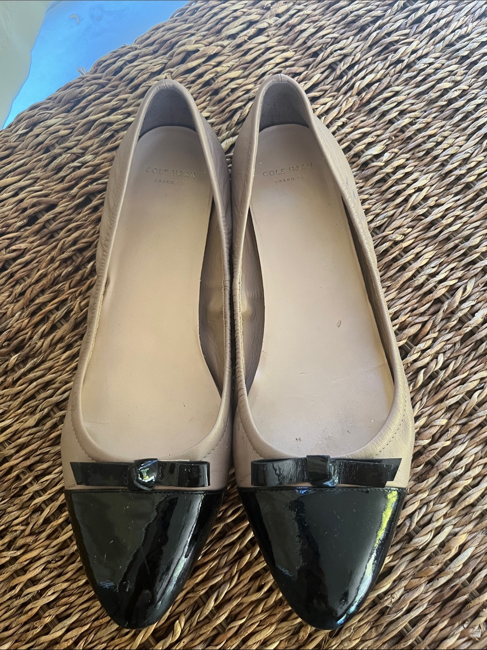 Cole Haan Two-Tone Beige and Black Patent Cap-Toe Flats
